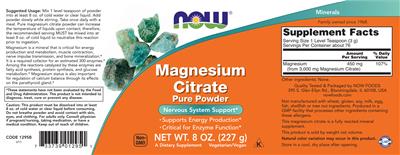 Photo of the NOW Magnesium Citrate Pure Powder label