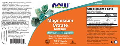 Photo of the NOW Magnesium Citrate Softgels label