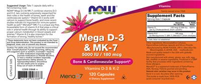 Photo of the NOW Mega D-3 5000 IU & MK-7 180 mcg label