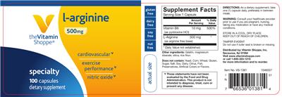 Photo of the The Vitamin Shoppe L-Arginine 500 mg label