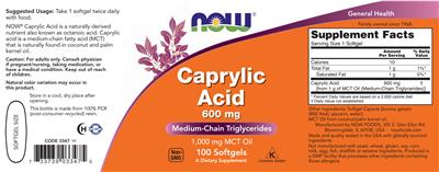 Photo of the NOW Caprylic Acid 600 mg label