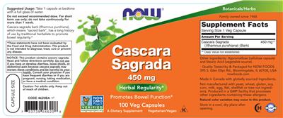 Photo of the NOW Cascara Sagrada 450 mg label