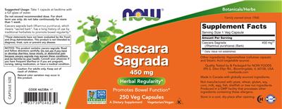 Photo of the NOW Cascara Sagrada 450 mg label
