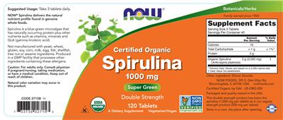 Photo of the NOW Certified Organic Spirulina 1000 mg label