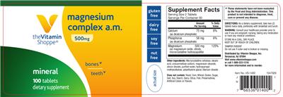 Photo of the The Vitamin Shoppe Magnesium Complex A.M. 500 mg label