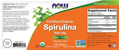 Photo of the NOW Certified Organic Spirulina 500 mg label