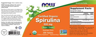 Photo of the NOW Certified Organic Spirulina 500 mg label