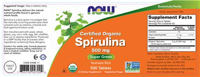 Photo of the NOW Certified Organic Spirulina 500 mg label