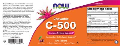 Photo of the NOW Chewable C-500 Natural Cherry Flavor label