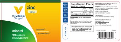 Photo of the The Vitamin Shoppe Zinc 50 mg label