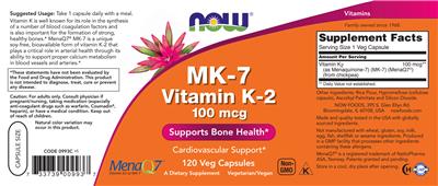 Photo of the NOW MK-7 Vitamin K-2 100 mcg label