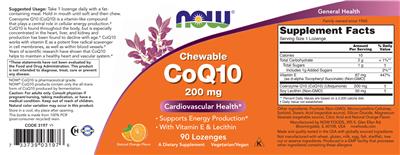 Photo of the NOW Chewable CoQ10 200 mg Natural Orange Flavor label