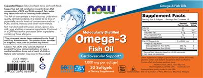 Photo of the NOW Molecularly Distilled Omega-3 Fish Oil label