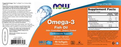Photo of the NOW Molecularly Distilled Omega-3 Fish Oil label