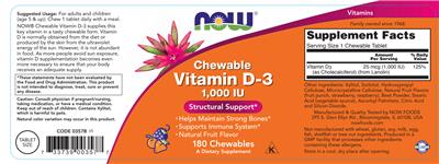 Photo of the NOW Chewable Vitamin D3 1,000 IU label