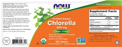 Photo of the NOW Chlorella 500 mg label