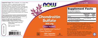 Photo of the NOW Chondroitin Sulfate 600 mg label