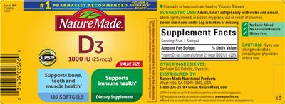 Photo of the Nature Made D3 1000 IU (25 mcg) label