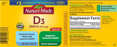 Photo of the Nature Made D3 1000 IU (25 mcg) label