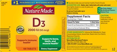Photo of the Nature Made D3 2000 IU (50 mcg) label