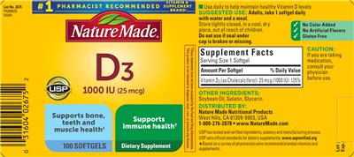 Photo of the Nature Made D3 1000 IU (25 mcg) label