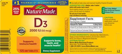 Photo of the Nature Made D3 2000 IU (50 mcg) label