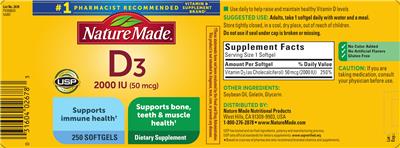 Photo of the Nature Made D3 2000 IU (50 mcg) label