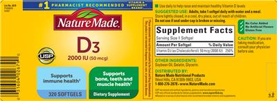 Photo of the Nature Made D3 2000 IU (50 mcg) label
