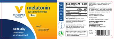 Photo of the The Vitamin Shoppe Melatonin 3 mg Sustained Release label