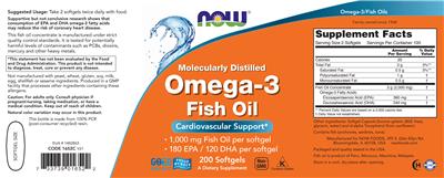 Photo of the NOW Molecularly Distilled Omega-3 Fish Oil label