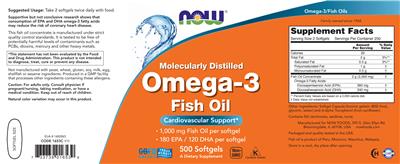 Photo of the NOW Molecularly Distilled Omega-3 Fish Oil label