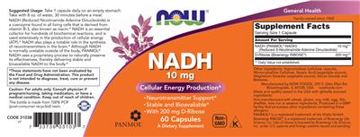 Photo of the NOW NADH 10 mg label
