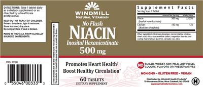 Photo of the Windmill Natural Vitamins No Flush Niacin 500 mg label