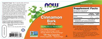 Photo of the NOW Cinnamon Bark 600 mg label
