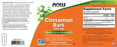Photo of the NOW Cinnamon Bark 600 mg label