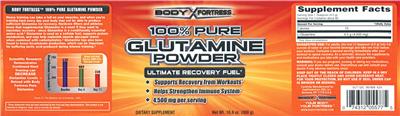 Photo of the Body Fortress 100% Pure Glutamine Powder label