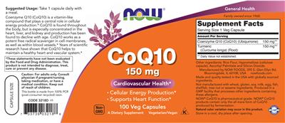 Photo of the NOW CoQ10 150 mg label
