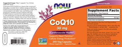 Photo of the NOW CoQ10 30 mg label