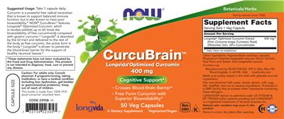 Photo of the NOW CurcuBrain 400 mg label