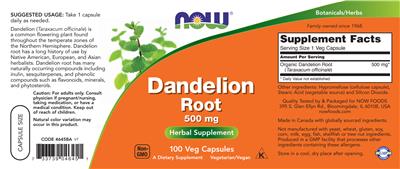 Photo of the NOW Dandelion Root 500 mg label