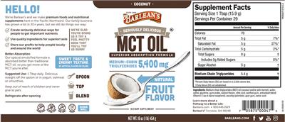 Photo of the Barlean's Seriously Delicious MCT Oil Coconut label