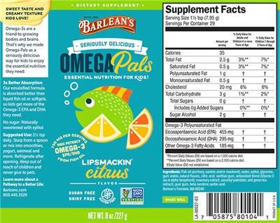 Photo of the Barlean's Seriously Delicious Omega Pals Lipsmackin' Citrus label