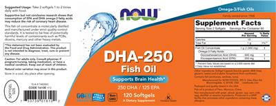 Photo of the NOW DHA-250 label