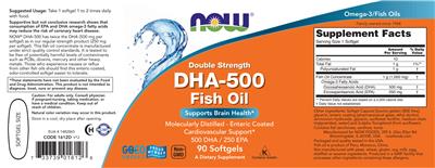 Photo of the NOW Double Strength DHA-500 label