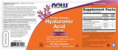 Photo of the NOW Double Strength Hyaluronic Acid 100 mg label