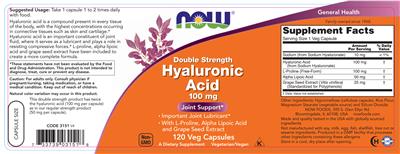 Photo of the NOW Double Strength Hyaluronic Acid 100 mg label