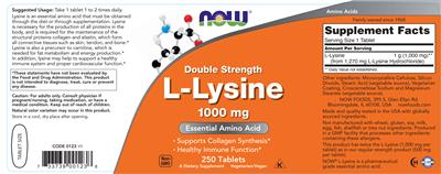 Photo of the NOW Double Strength L-Lysine 1000 mg label
