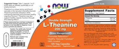 Photo of the NOW Double Strength L-Theanine 200 mg label