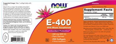 Photo of the NOW E-400 With Mixed Tocopherols label