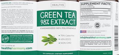 Photo of the Healths Harmony Green Tea 98% Extract label